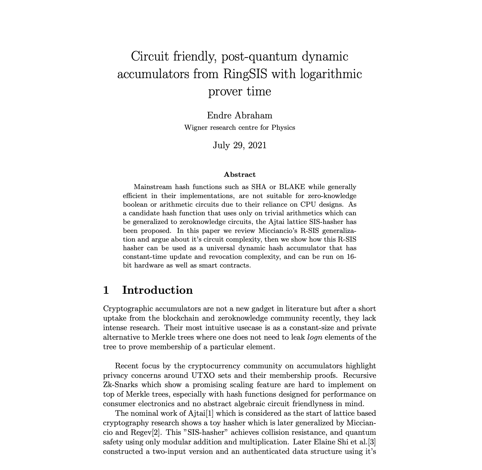 Circuit friendly, post-quantum dynamic accumulators from RingSIS with logarithmic prover time